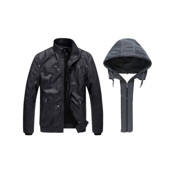 Zoha's Men's Spring Motorcycle Leather Jacket with Hood Bomber Coat Black(Moderate)Size M - Image 4