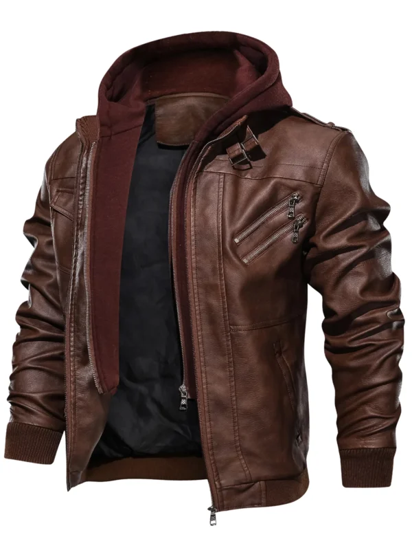 Zoha's  Men's Faux Leather Jacket Retro Zip-UP Stand Collar Motorcycle Bomber Jackets with Removable Hood