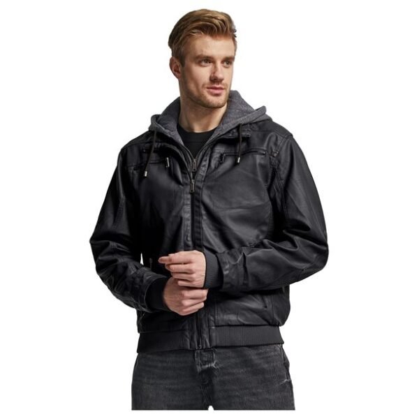 Zoha's Men's Spring Motorcycle Leather Jacket with Hood Bomber Coat Black(Moderate)Size M - Image 2