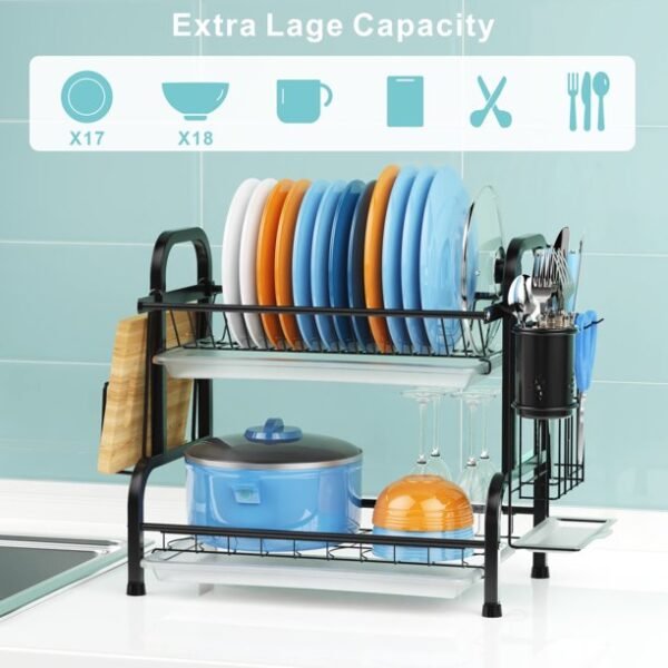 Ispecle 2 Tier Dish Rack for Kitchen 304 Stainless Steel Dish Drainer, Black - Image 2