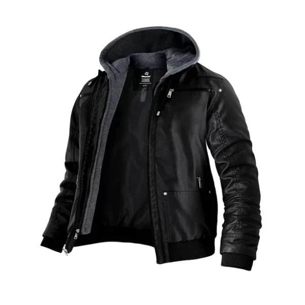 Zoha's Men's Spring Motorcycle Leather Jacket with Hood Bomber Coat Black(Moderate)Size M